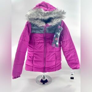 Girls Weathertamer Jacket Puffer Coat Size L 14/16 NEW 2pc Headband Faux Fur